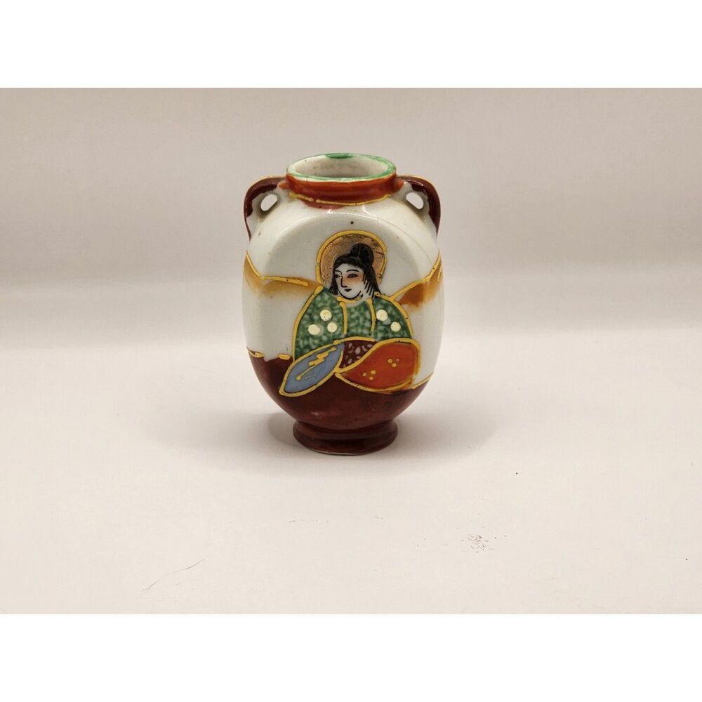Occupied Japan Satsuma Style Mini Double Handle Vase Geisha Figural Green Brown